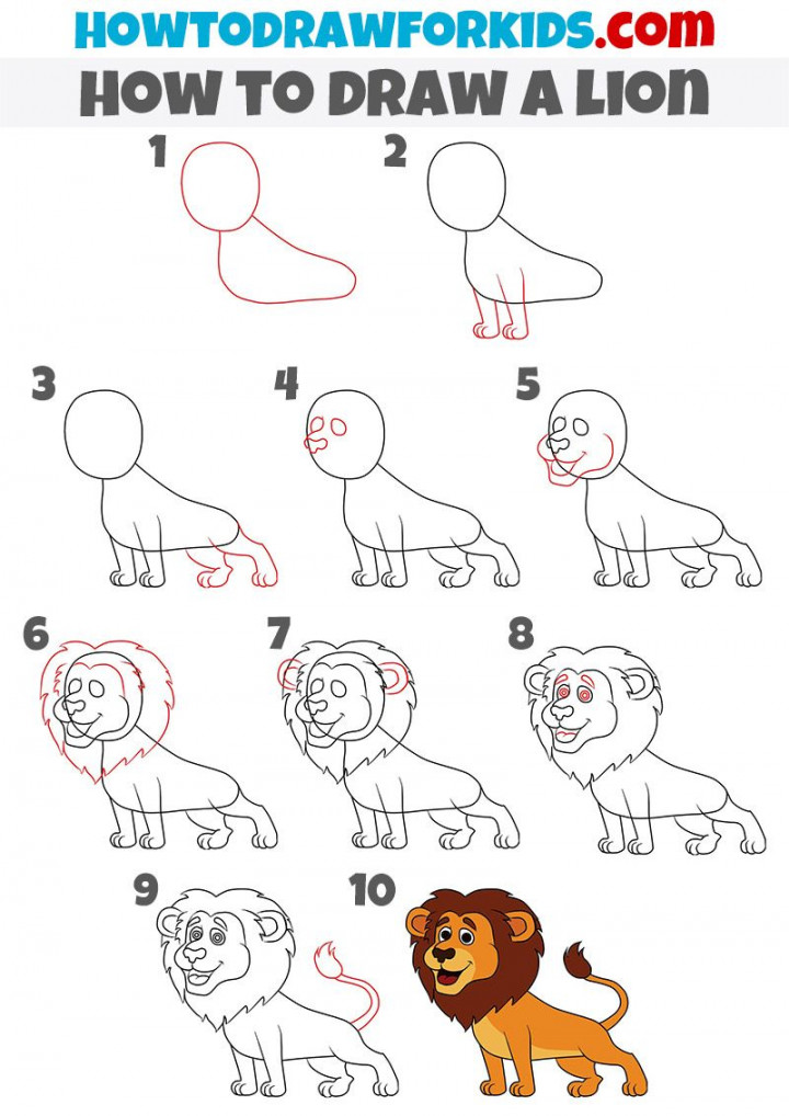 how to draw a lion  Lion drawing simple, Easy drawings for kids