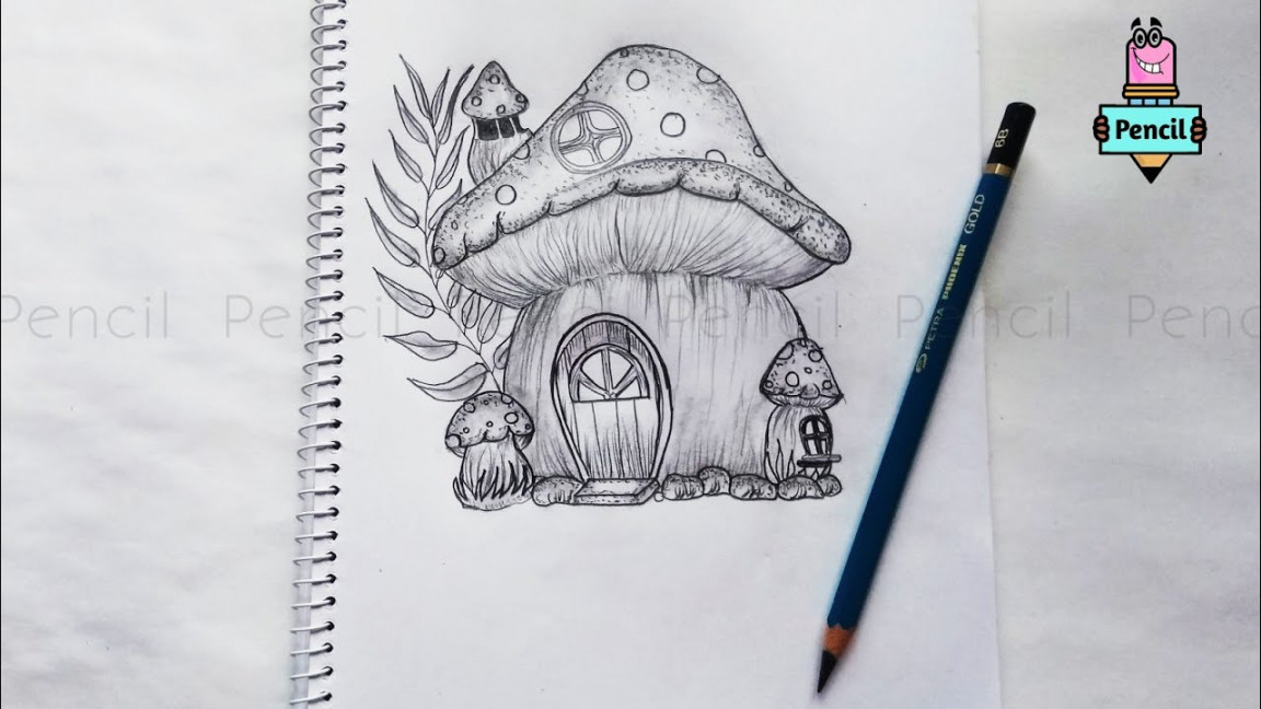 How To Draw A Mushroom House Mushroom House Drawing Tutorial  Mushroom  House Drawing Step By Step