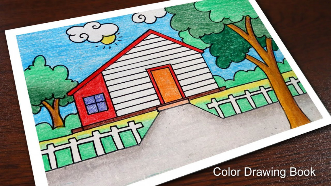 How to draw a scenery with house, Village House Drawing easy