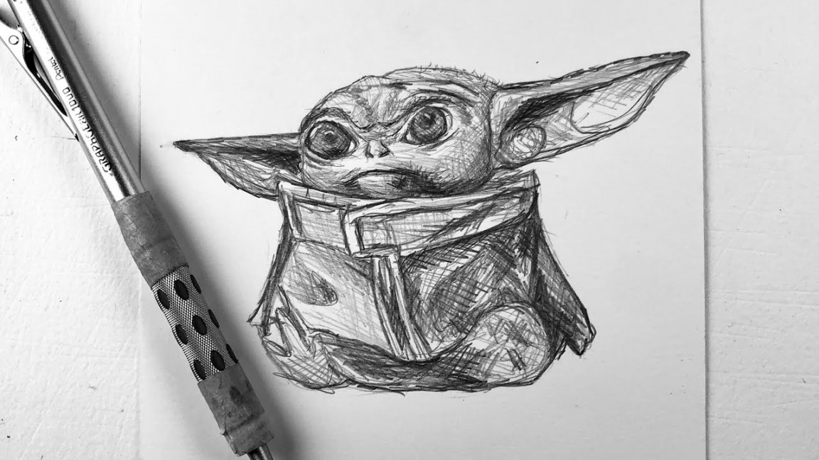 How To Draw BABY YODA From The Mandalorian (ONE PENCIL)