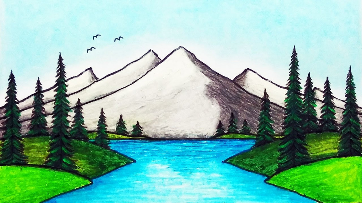 How to Draw Beautiful Mountain Lake  Easy Scenery Drawing