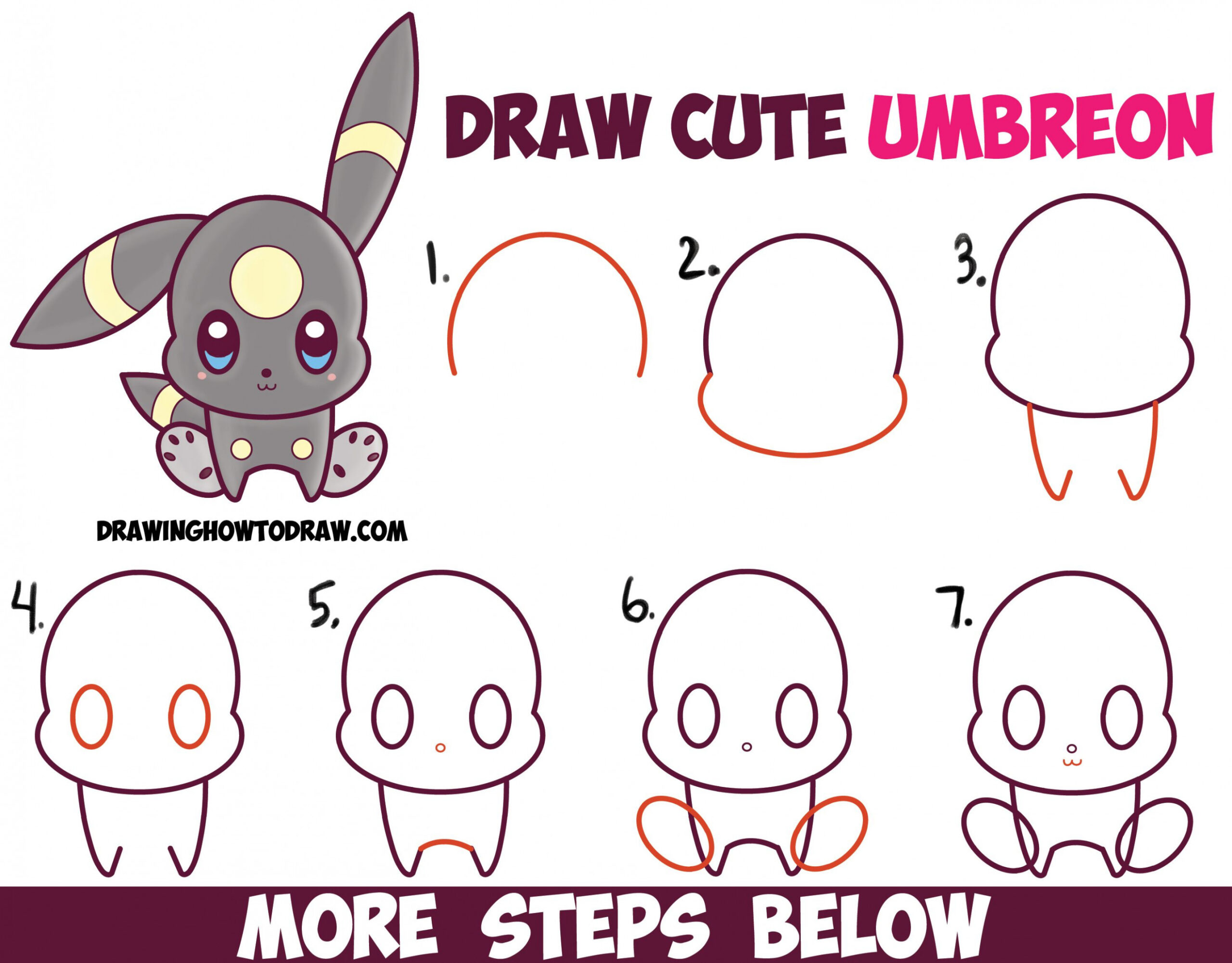 How to Draw Cute Kawaii Chibi Umbreon from Pokemon Easy Step by