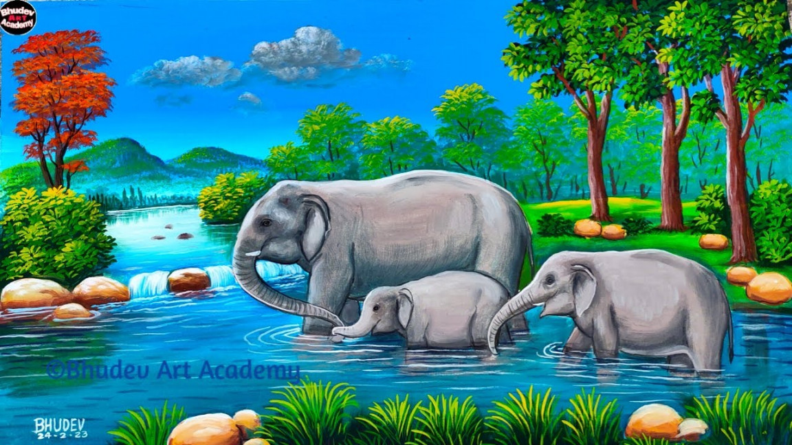 How To Draw Elephant With Forest SceneryElephant Painting With  EarthwatercolorWild Animal Painting