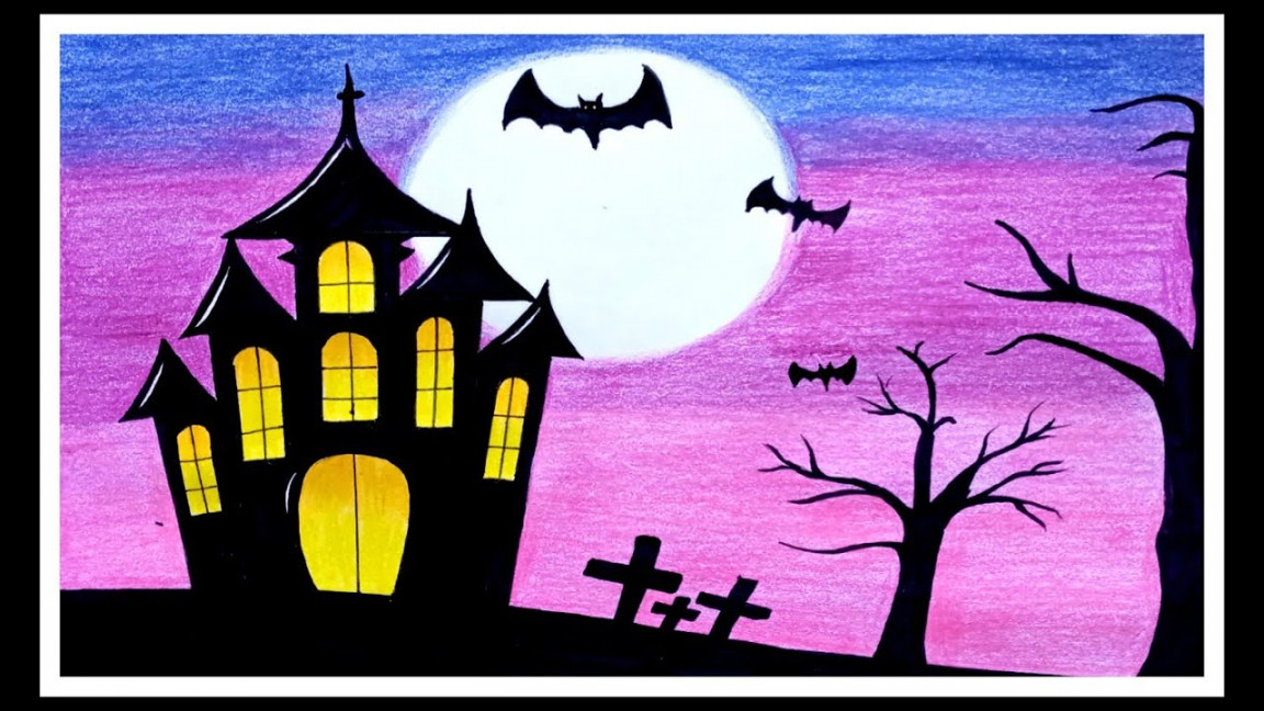 How to draw Halloween Scenery drawing with pencil colour  Haunted House  drawing for Beginners