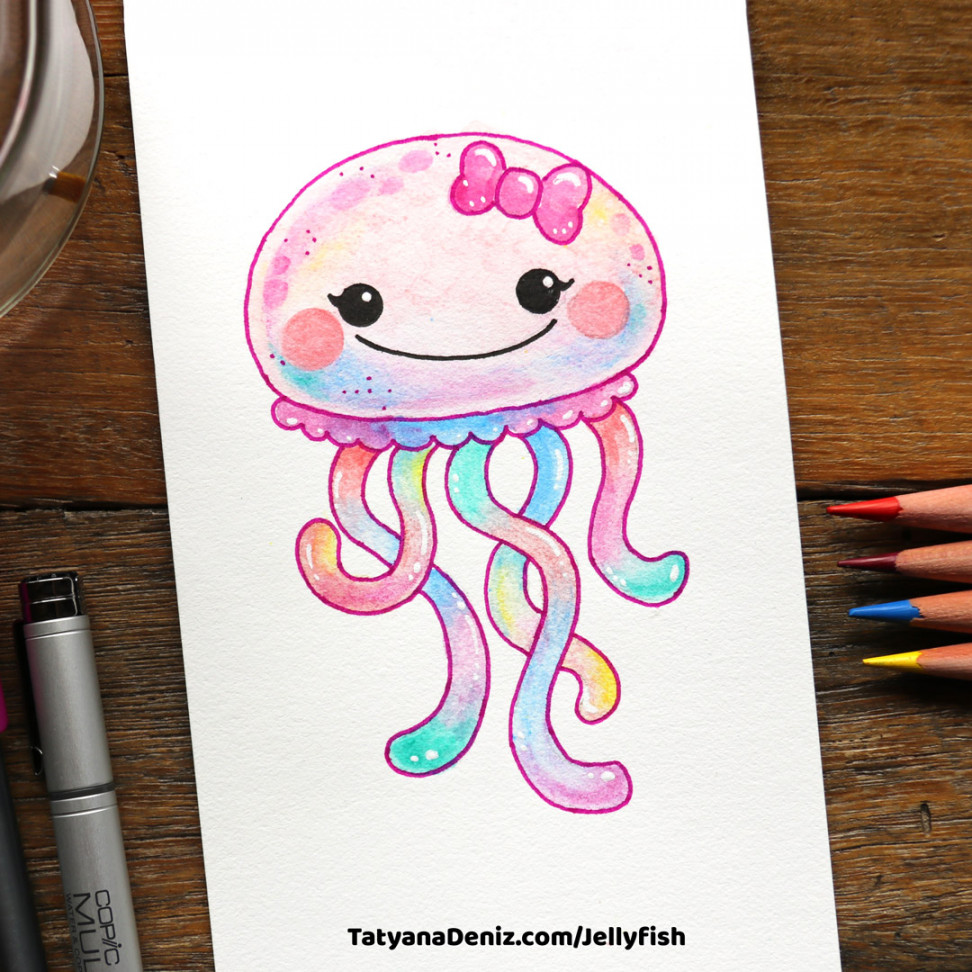 How to Draw Kawaii Jellyfish and Colour It with Watercolour Pencils