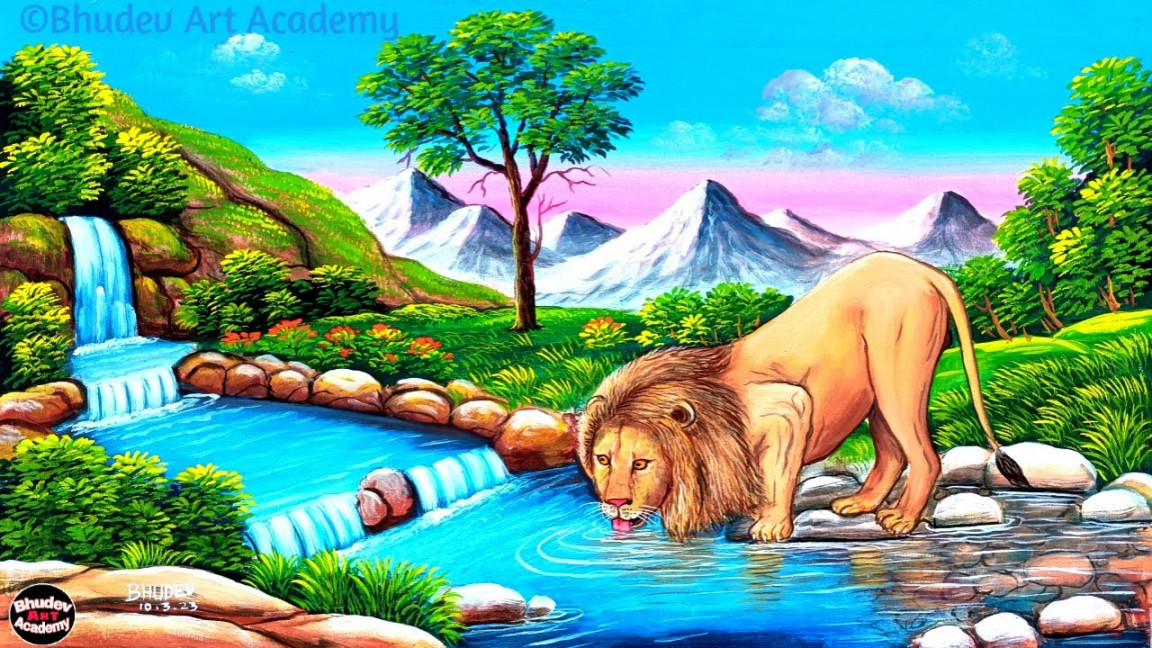 How To Draw Lion With Forest SceneryLion Painting With  EarthwatercolorWild Animal Scenery Painting