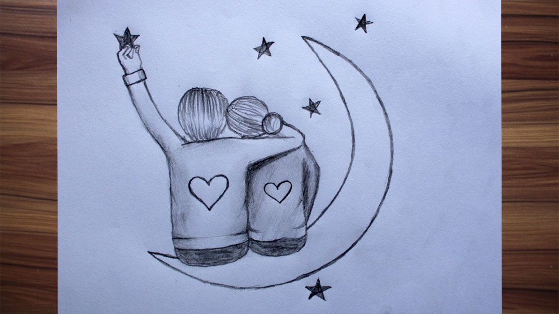 How to draw Romantic Couple sitting on the Moon  Pencil sketch