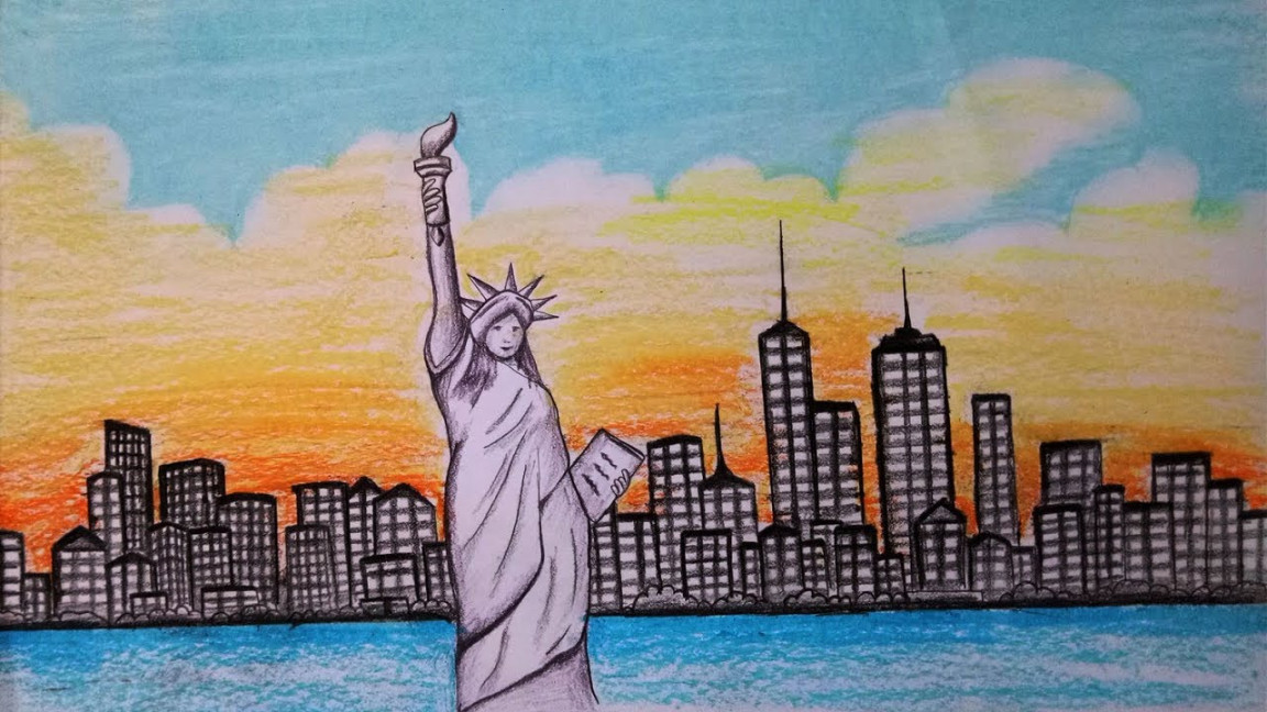 How to draw scenery of new york,statue of liberty