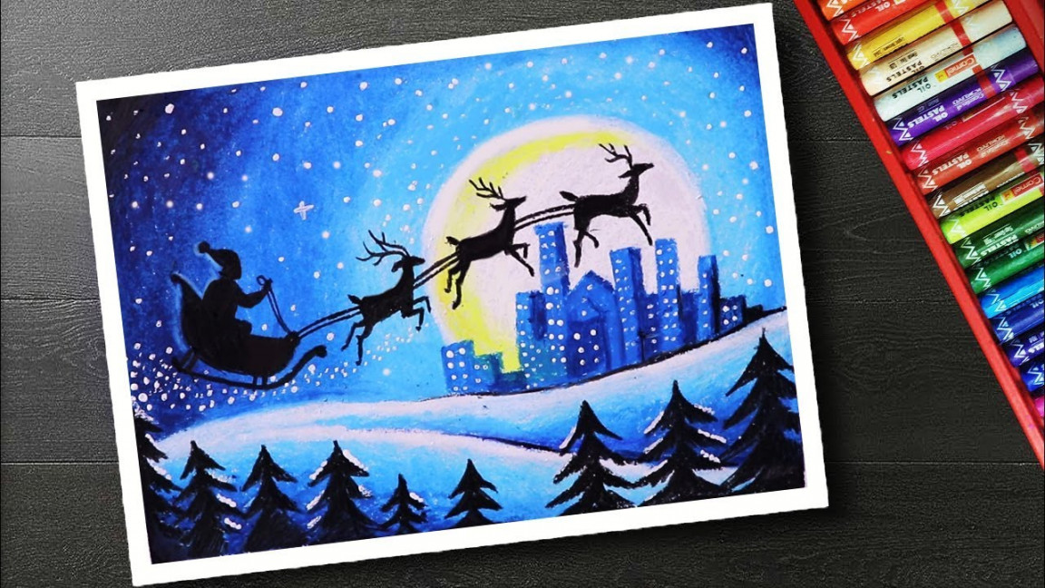 How to draw scenery santa Christmas drawing and painting