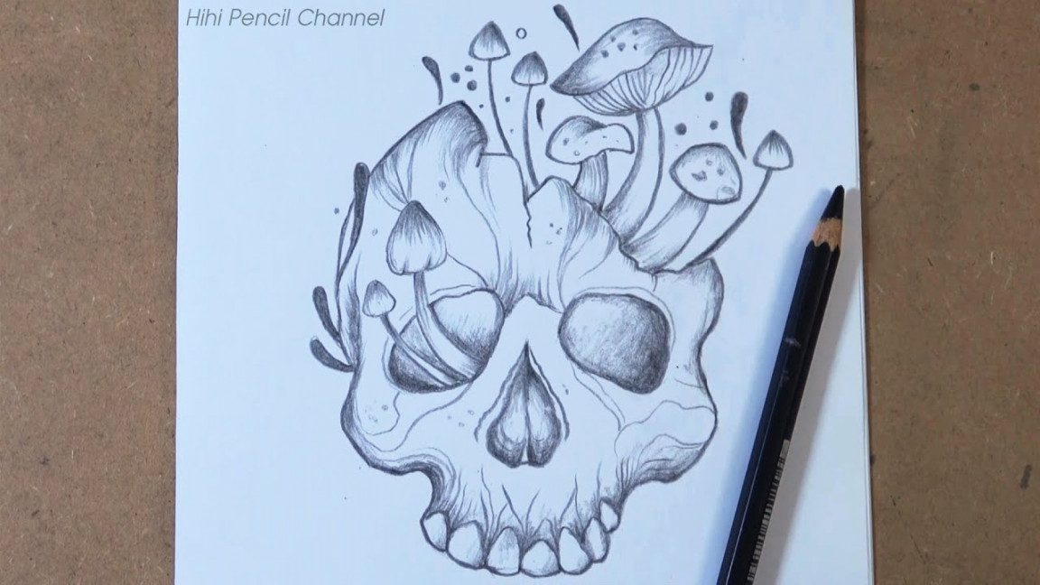 How to draw Skull with Mushrooms step by step  Pencil drawing