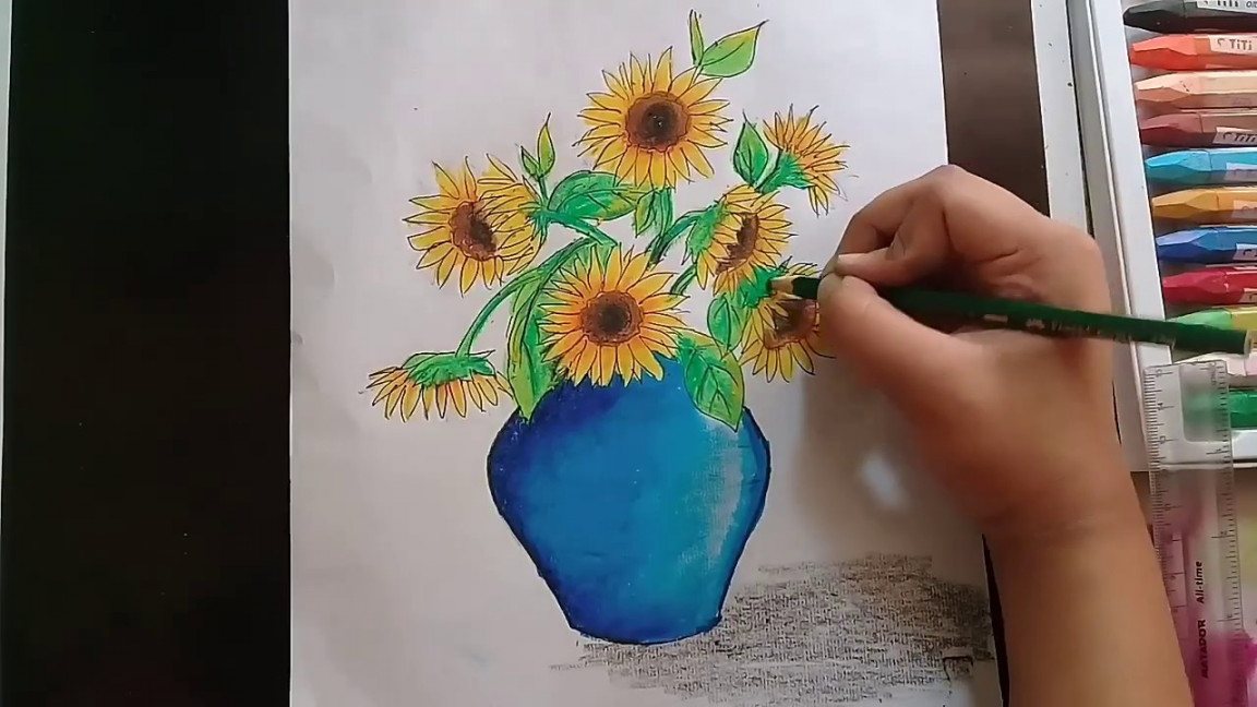 How to draw sunflowers step by step / sunflower in a pot / Easy flower draw  with oil pastel