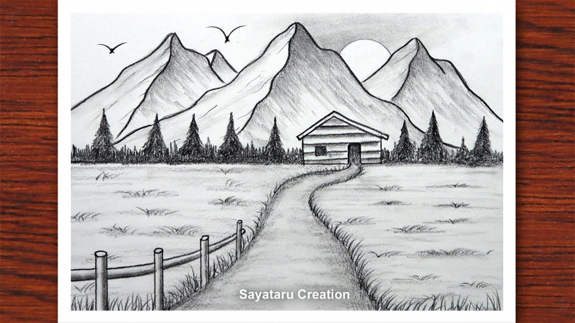 How to draw Sunset in Mountain with pencil, Sayataru Creation Drawing