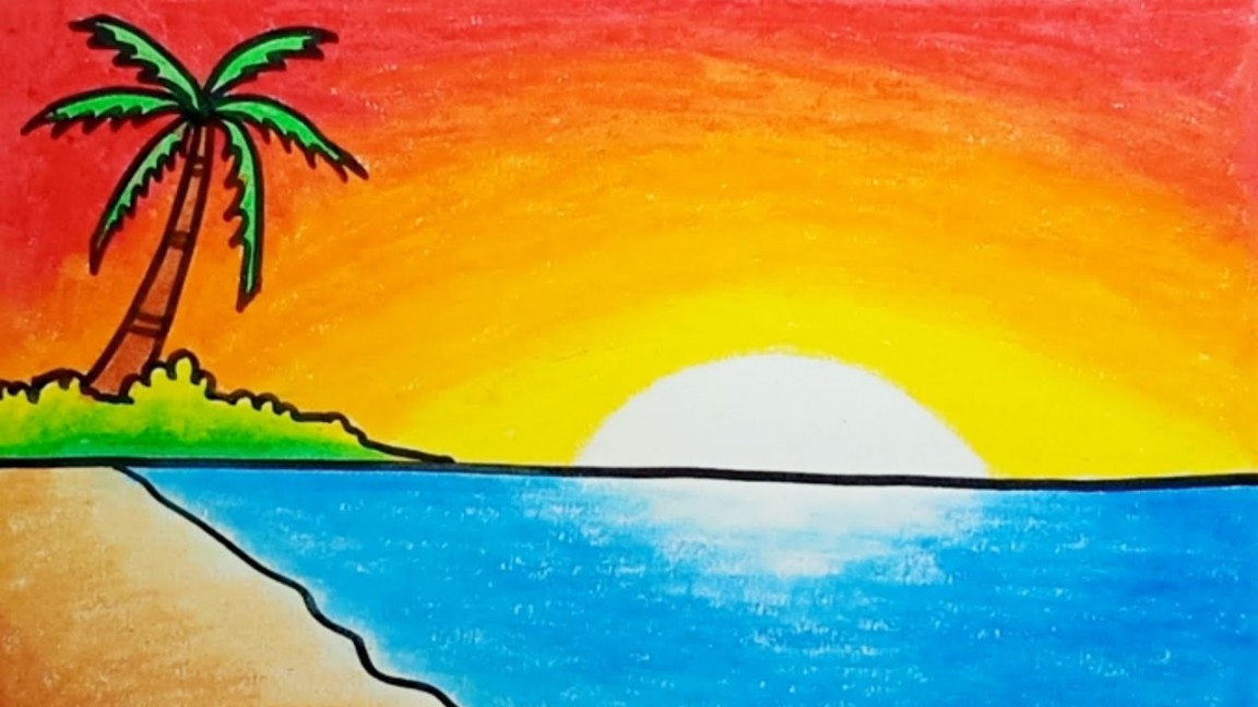 How To Draw Sunset Scenery Easy Step By Step Drawing Sunset Scenery For  Beginners