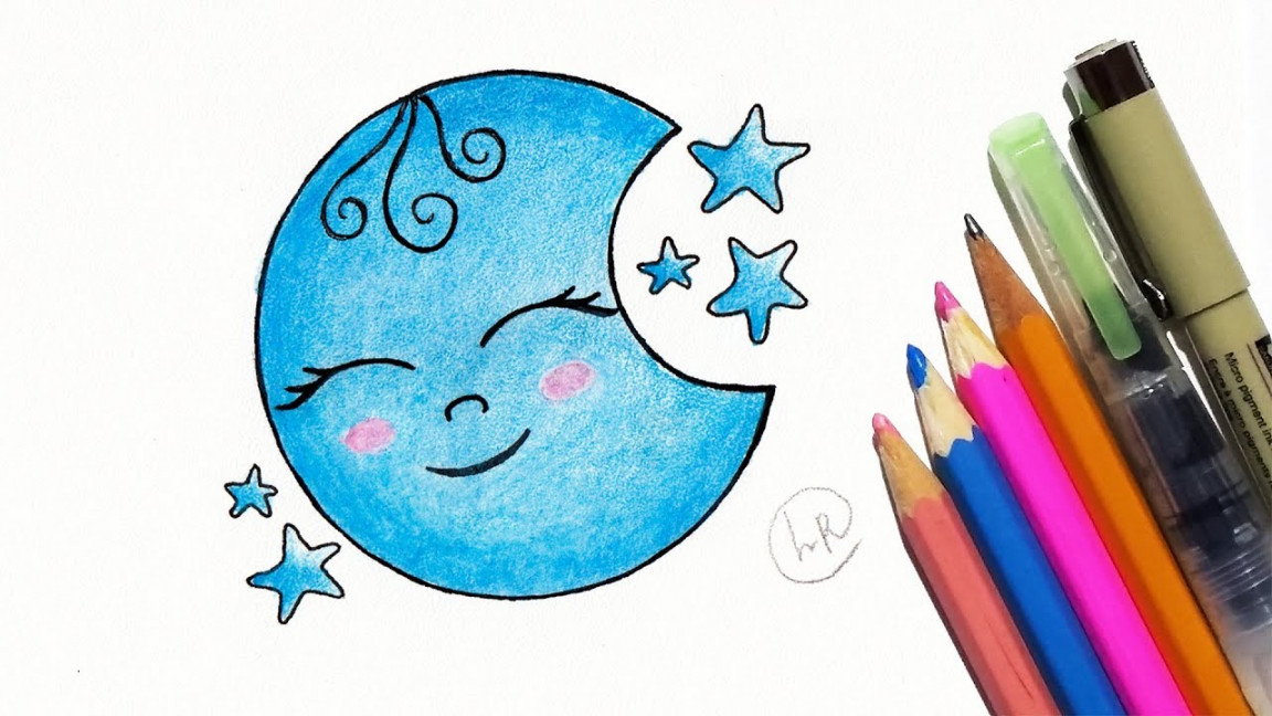 How to Draw The Cute Moon with Stars Step by Step