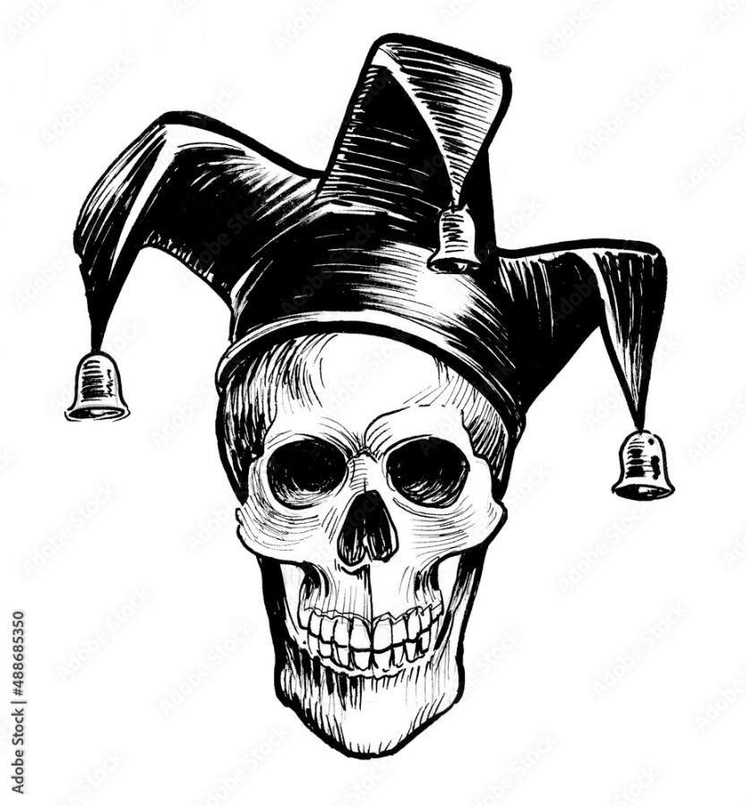 Human skull in jester hat