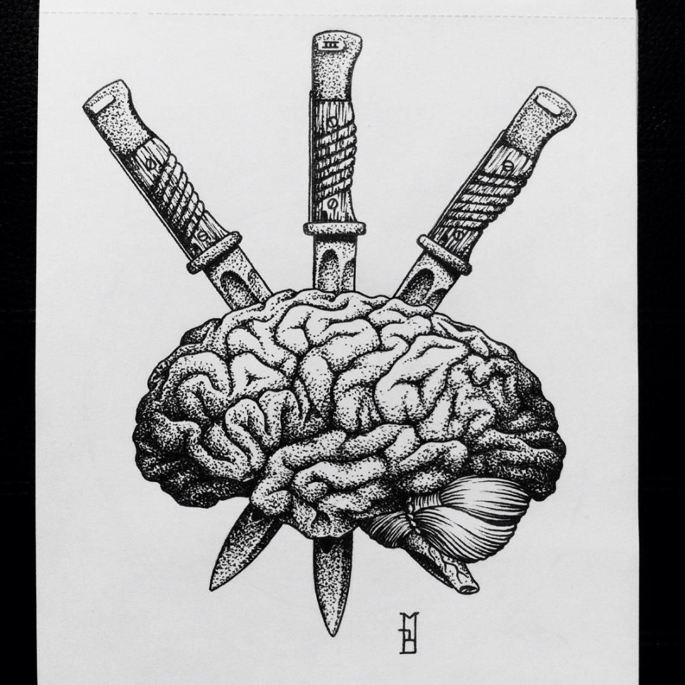 ink #black #knife #designe #dotwork #bayonet #brain #tarot