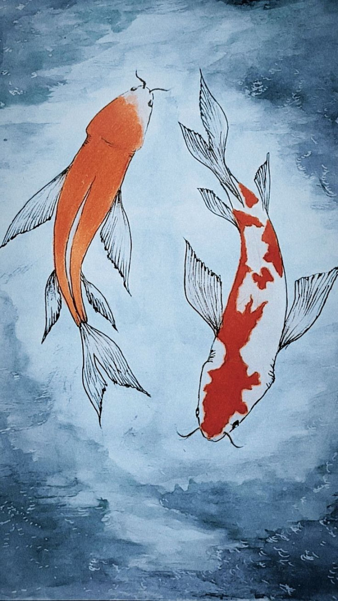 Koi fishes in   Koi fish drawing, Fish drawings, Fish artwork