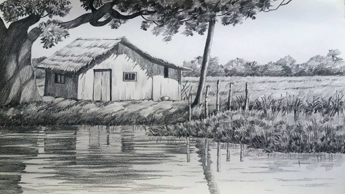 Landscape drawing in pencil  village scenery drawing  house drawing