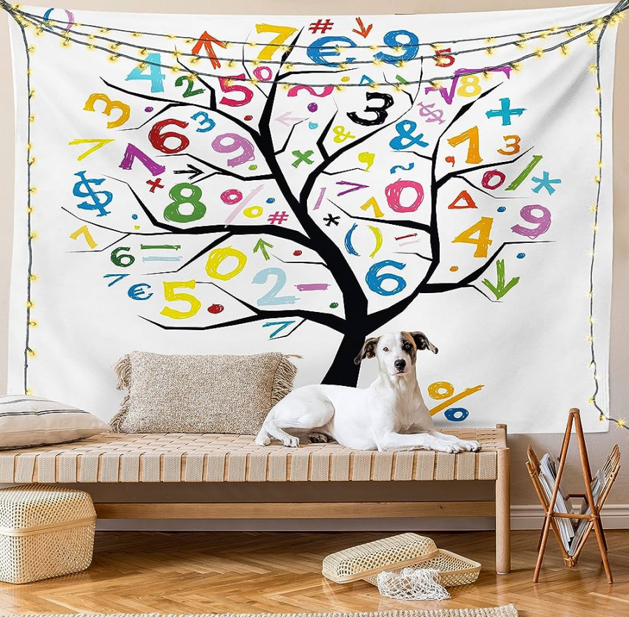 Lunarable Math Classroom Tapestry, Tree with Colorful Numbers, Math Funny,  Kids Drawing, Fabric Wall Hanging Decor for Bedroom, Living Room, Dorm,