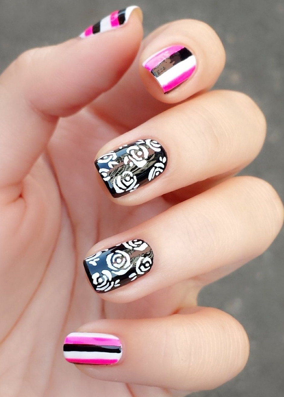 Monochrome rose nail art – Jolene Tay