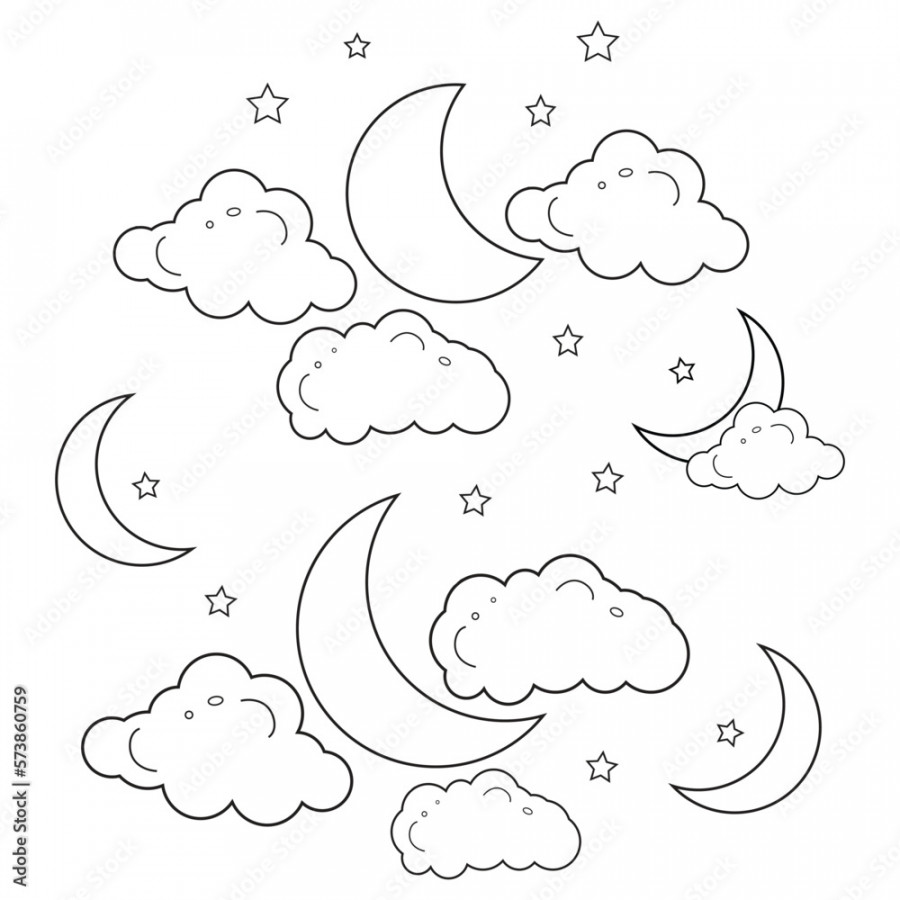 Moon,star and clouds line art drawing outline style,kids drawing