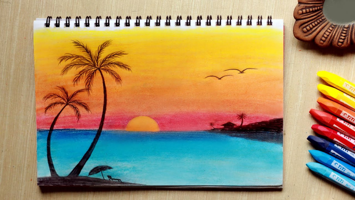 Most Easy Sunset Scenery Drawing with Oil Pastel