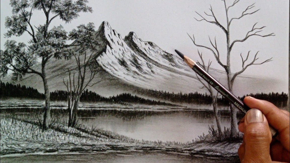 Mountain and trees landscape scenery drawing easy ways with pencil //  Nature drawing with pencil //