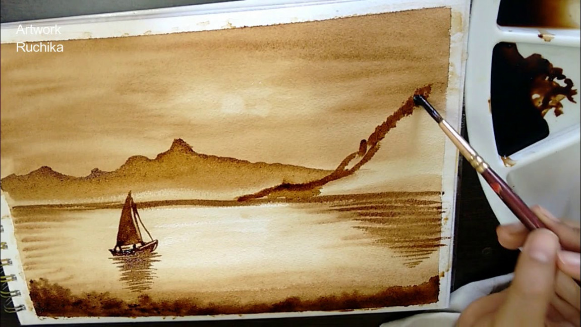 My First Coffee Painting  Landscape Coffee Painting  DIY