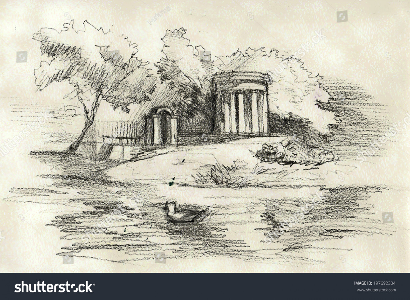 Old Park Vintage Pencil Drawing Poster Stock Illustration