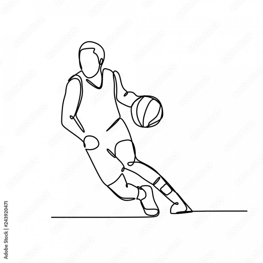 One single drawn continuous line boy playing basketball hand-drawn