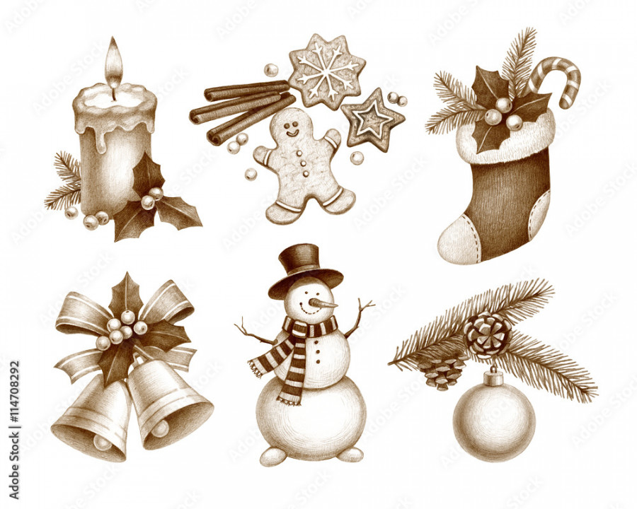 Pencil drawings of Christmas decorations Stock-Illustration