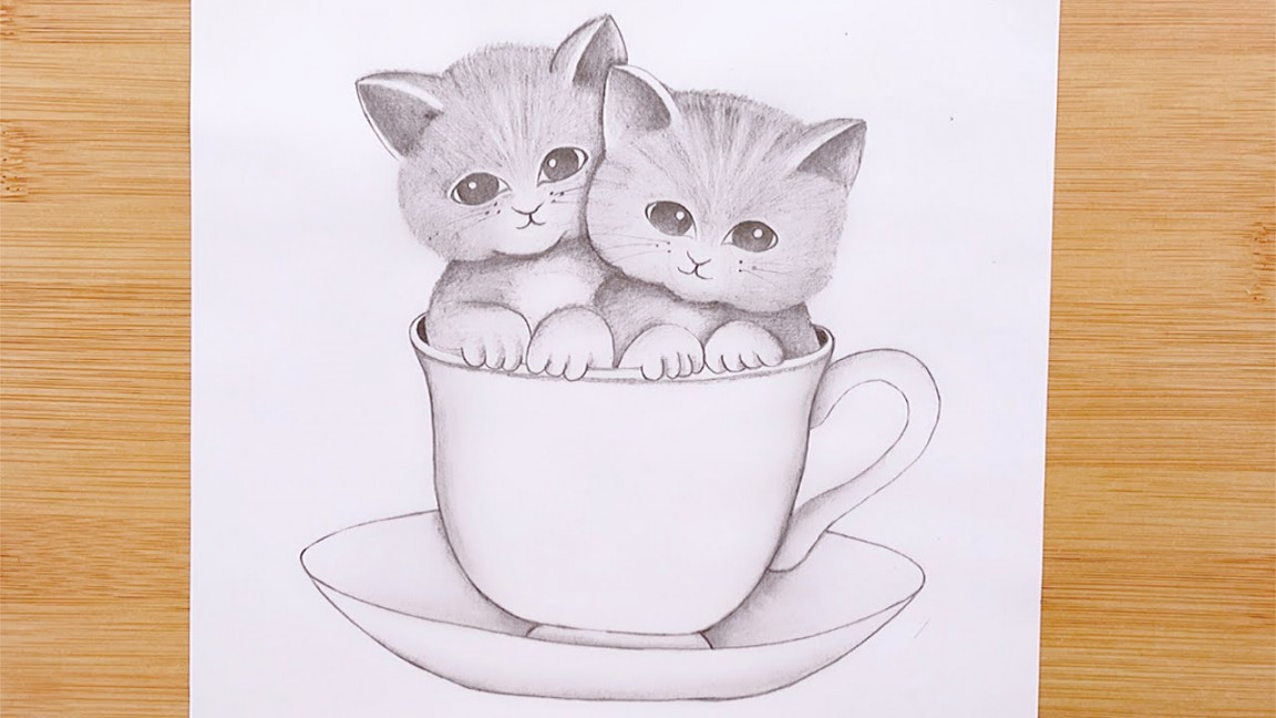 Pencil sketch Drawing / How to Draw a Cute Kitty in a Cup - Step by Step