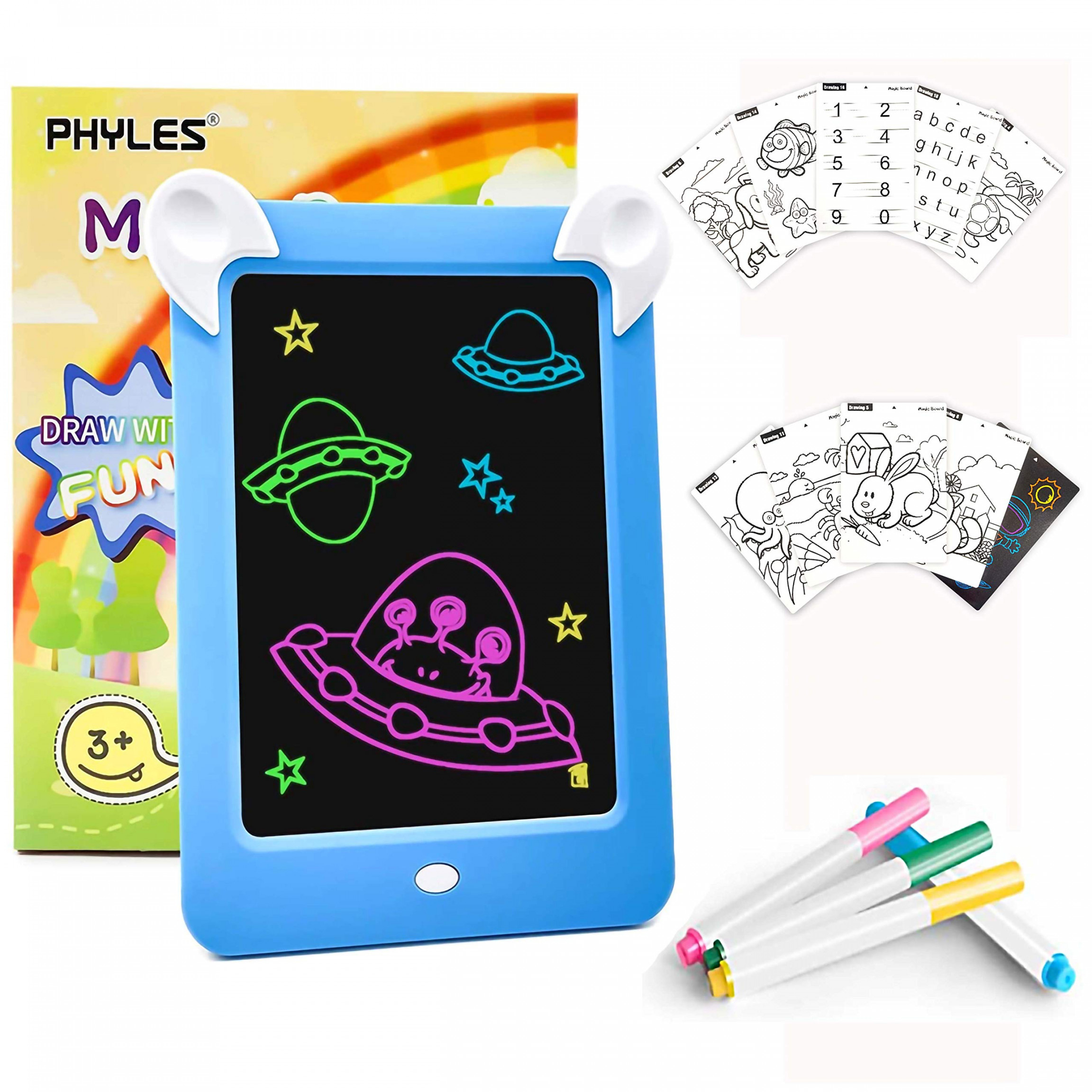 PHYLES Magic Drawing Pad, LED Zaubertafel Kinder - Jahre, enthält   Drawing Maltafel Pad (Buchstaben, Zahlen, Muster),  Zeichenstifte,