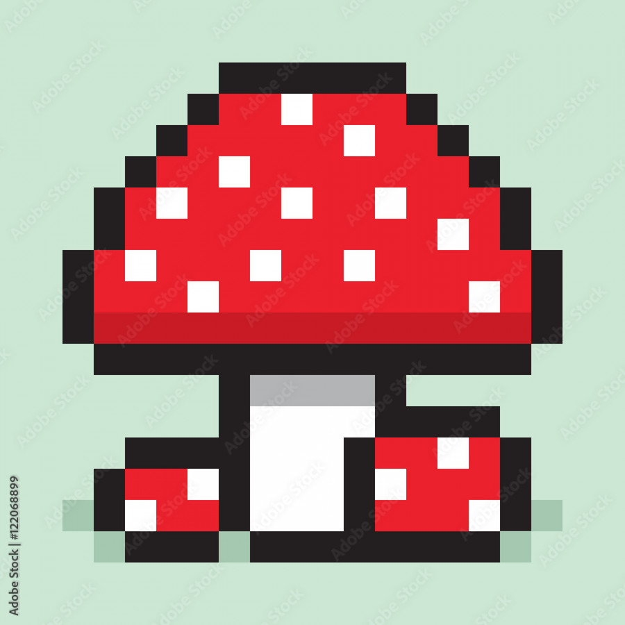 Pixel art, minimalist mushroom, big and small amanita, flat web