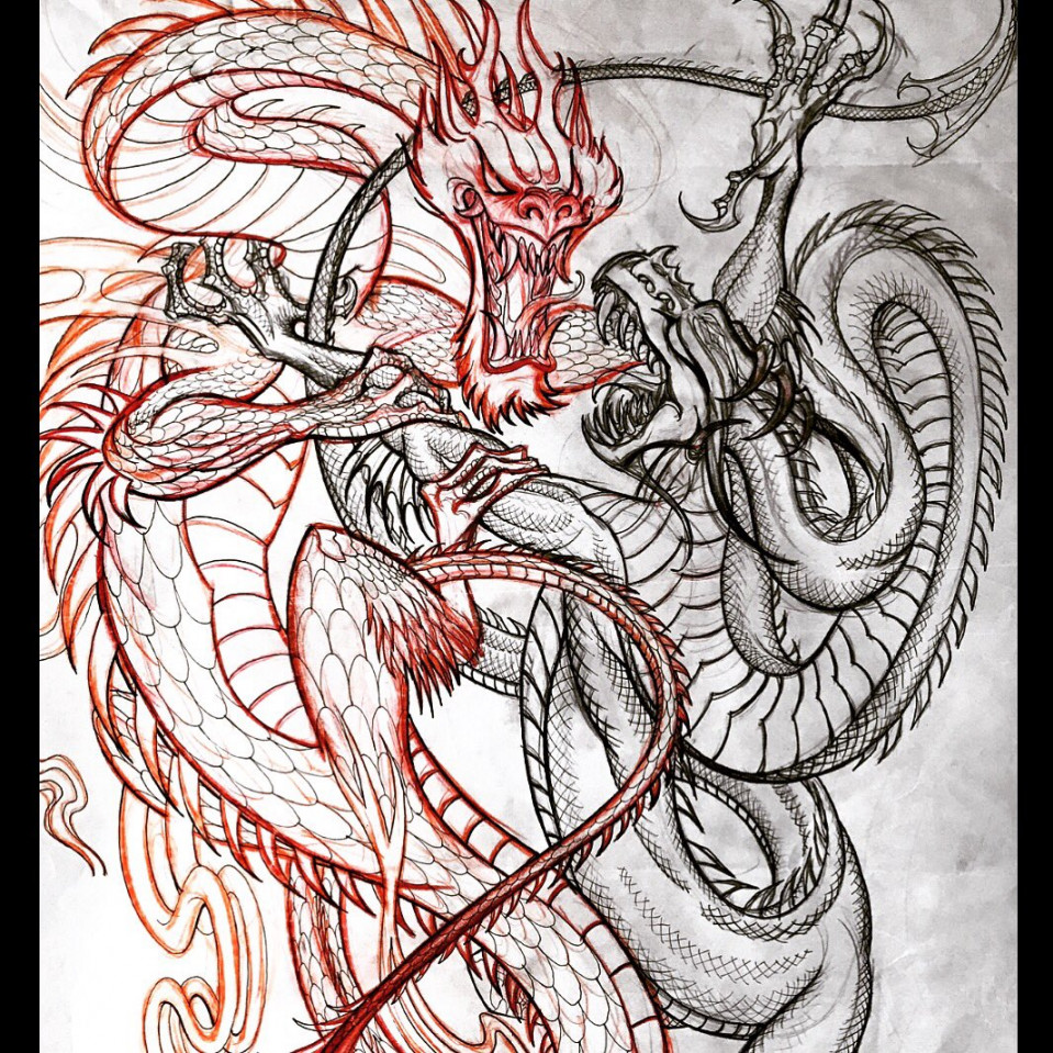 Red Sky Studio on X: "Dragon fight backpiece tattoo design by