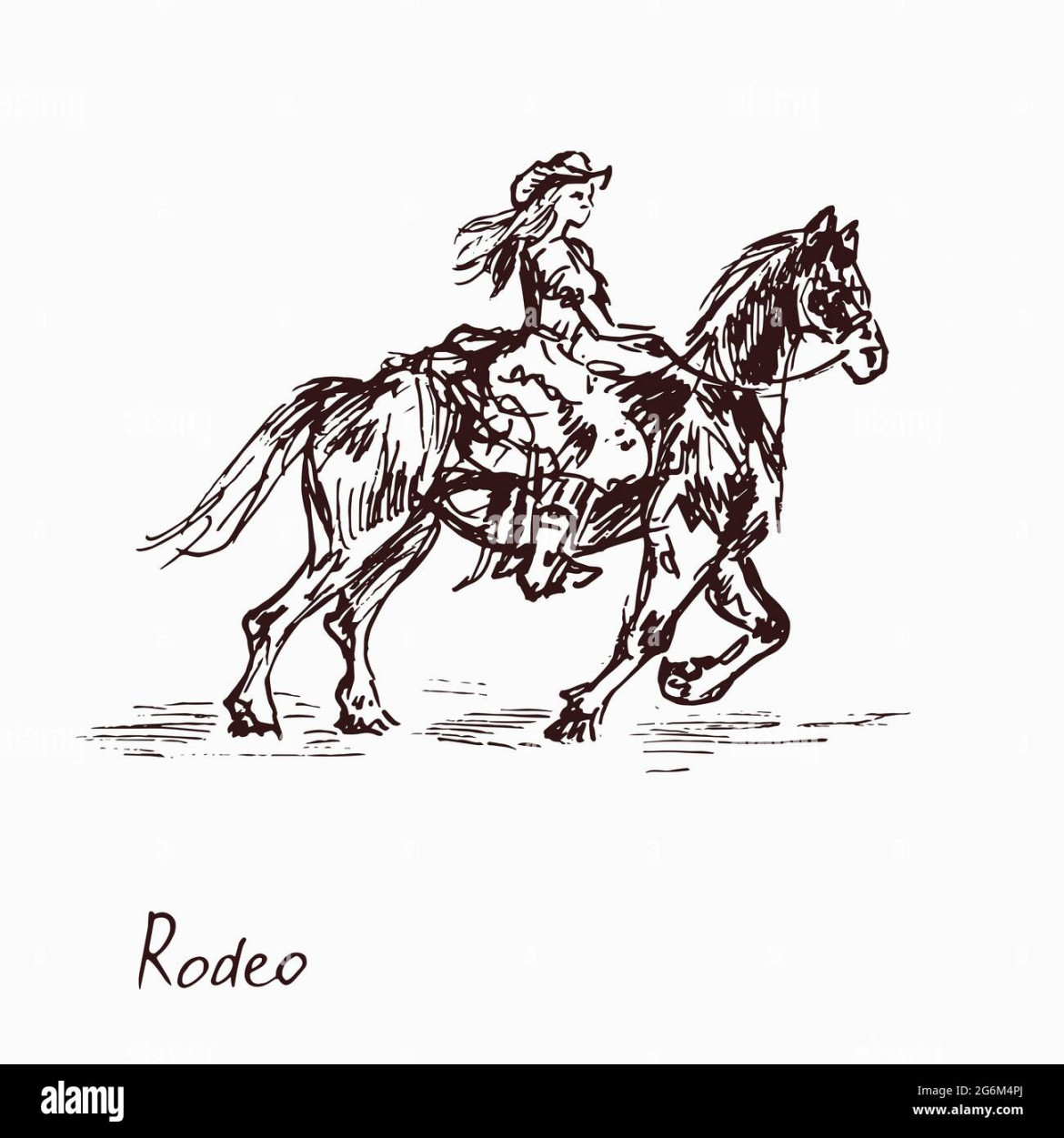 Rodeo queen on horse, woodcutstyle ink drawing illustration with