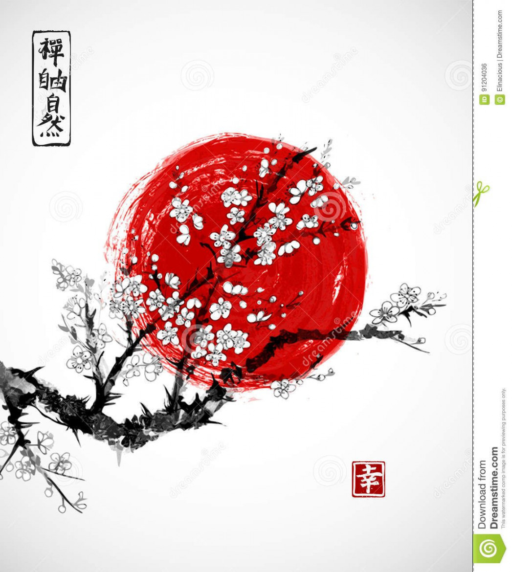 Sakura in blossom and red sun, symbol of Japan on white background