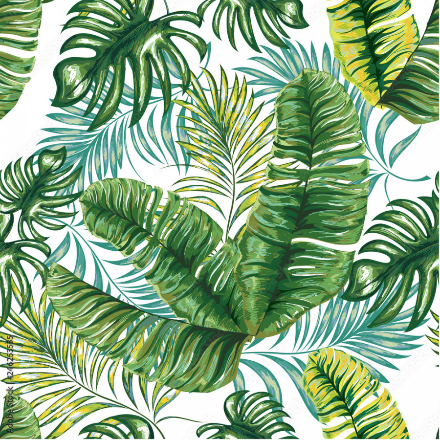 Seamless pattern of a tropical palm tree, jungle leaves and