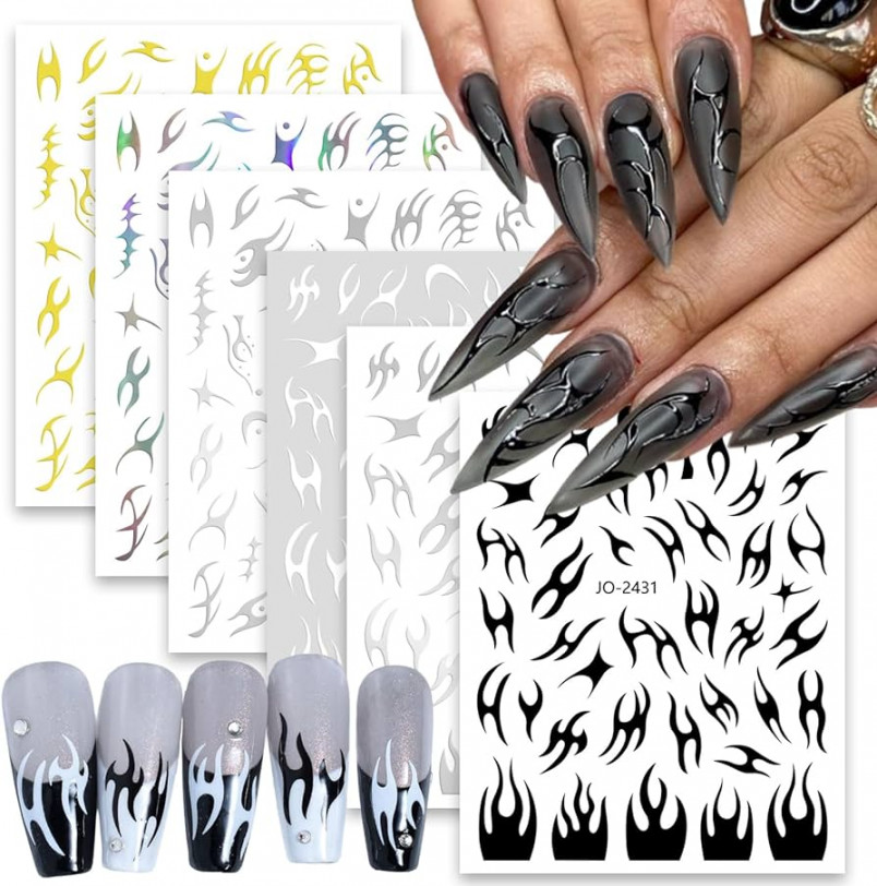 Sheets Fish Bone Nail Art Stickers for Nail Art French Lines Nail Decals  Irregular Geometry Bronzing Stripe Flame Nail Supplies Gold Black White