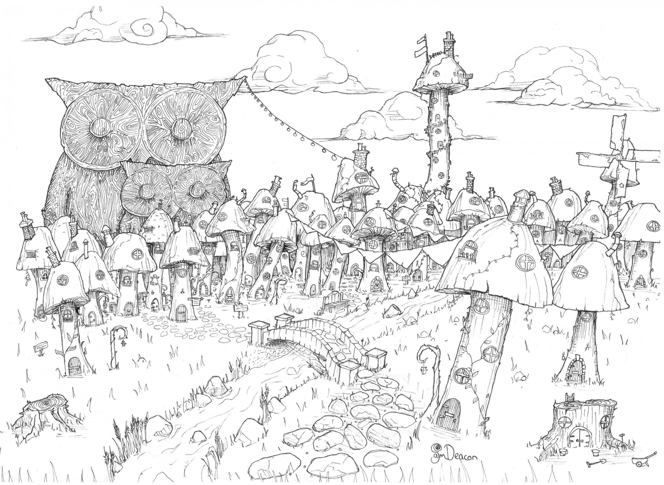 Shroomtown Digital Download Fantasy Mushroom House Village Ink