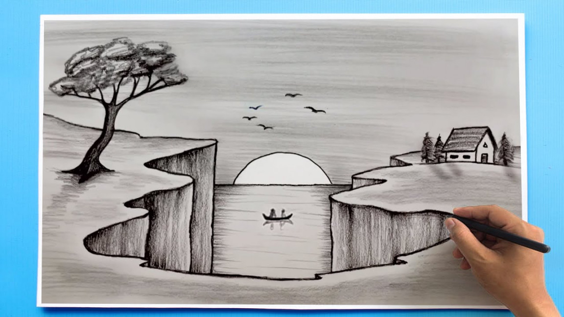 Simple Landscape Drawing  Easy scenery Drawing tutorial