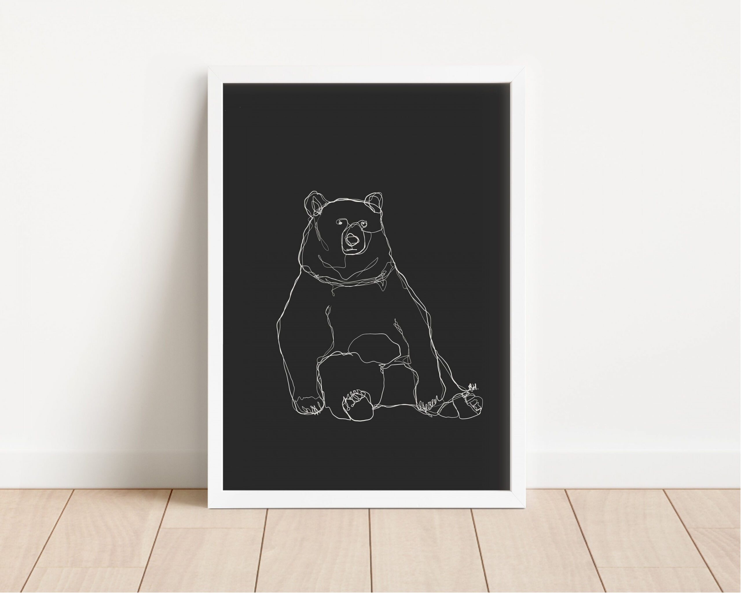 Sitting Bear White Line Drawing with Black Background Print