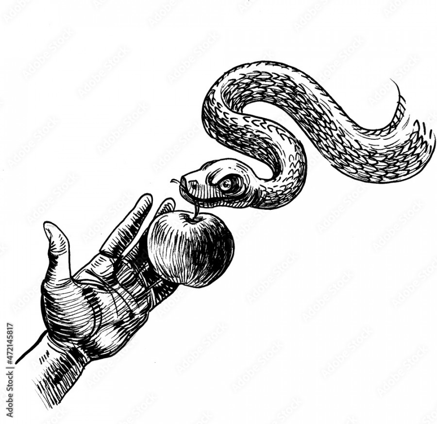Snake with apple and human hand
