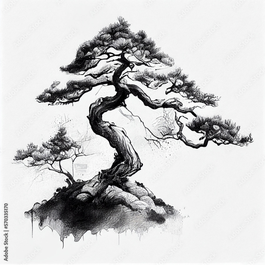 Sumi-e isolated bonsai tree ink sketch isolated on white paper