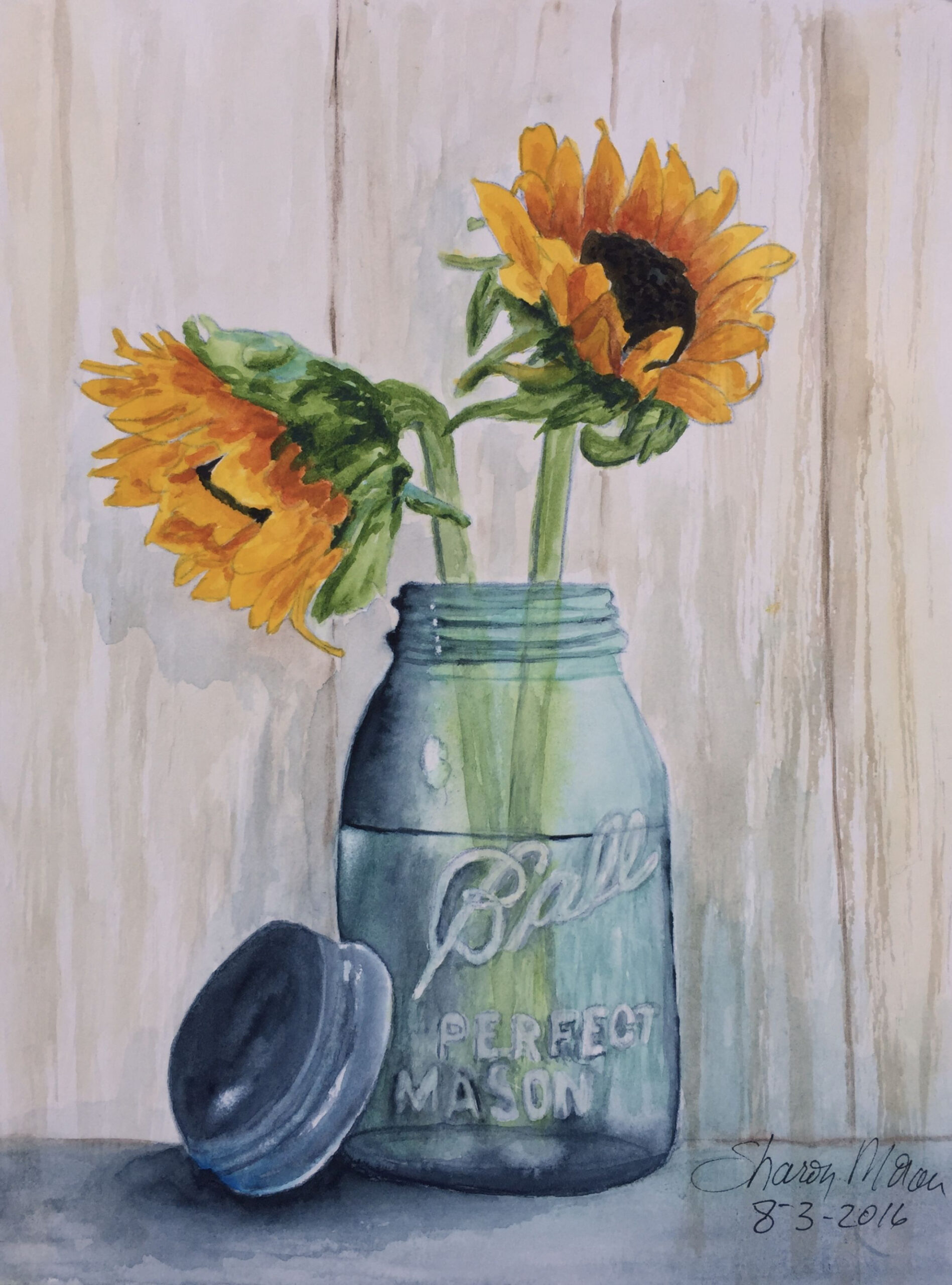 Sunflowers in a Mason jar, original watercolor by Sharon Moran,