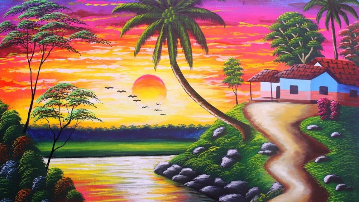 Sunset Village nature drawing painting  drawing sunset village