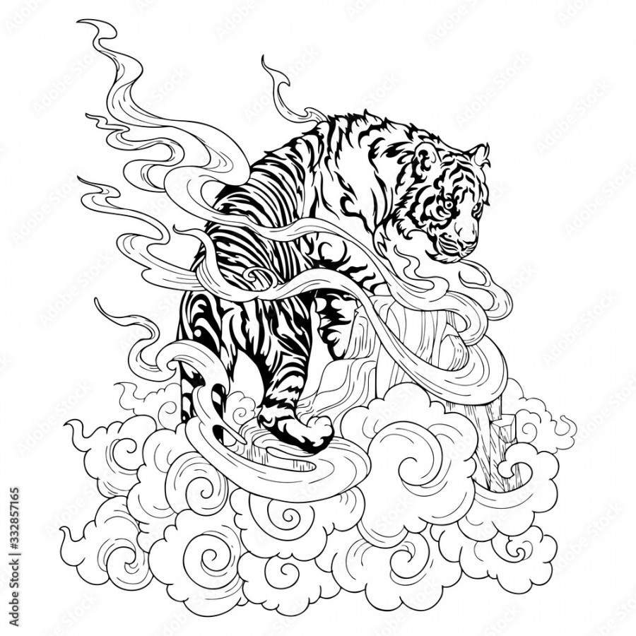 Tiger Climbing on hill and cloud design with Chinese or Japanese