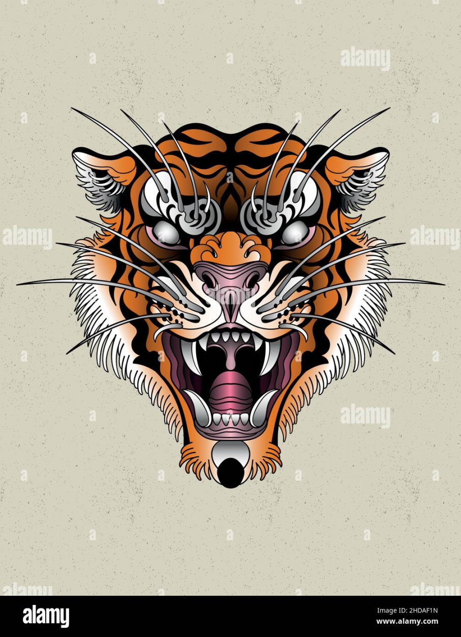 tiger neo traditional tattoo old school perfect for prints Stock
