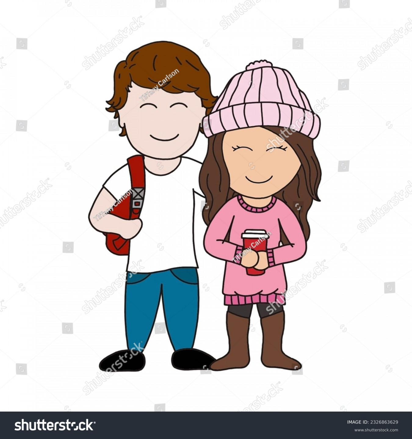 Two Character Cartoon Drawing Boyfriend Girlfriend Stock