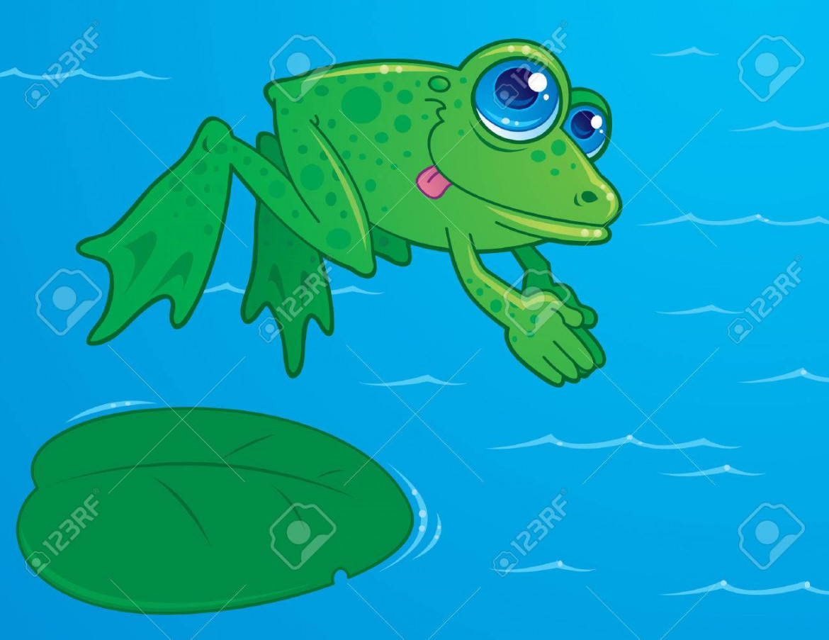 Vector Drawing Of A Cute Frog Diving Off Of A Lily Pad Into Water